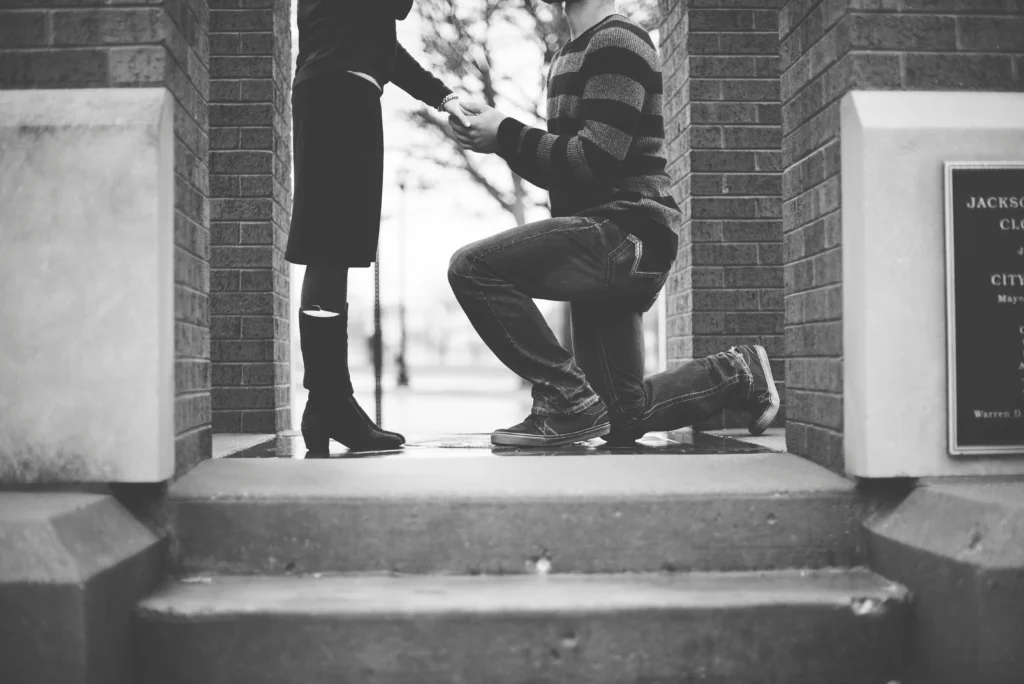 Man proposing marriage to fiancée with engagement ring - couples often ask how long does it take to get the fiance visa after engagement